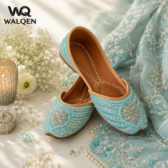 Aqua Hues Handcrafted Pearl Embellished Punjabi Jutti