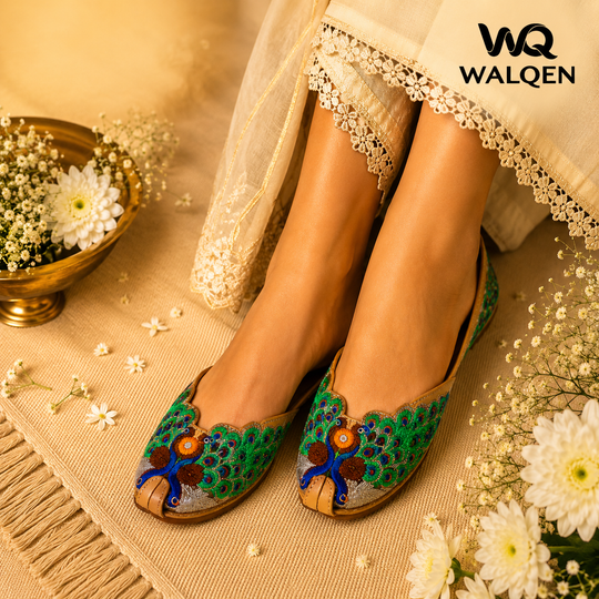 Handmade Peacock Embroidered Leather Punjabi Jutti for Women